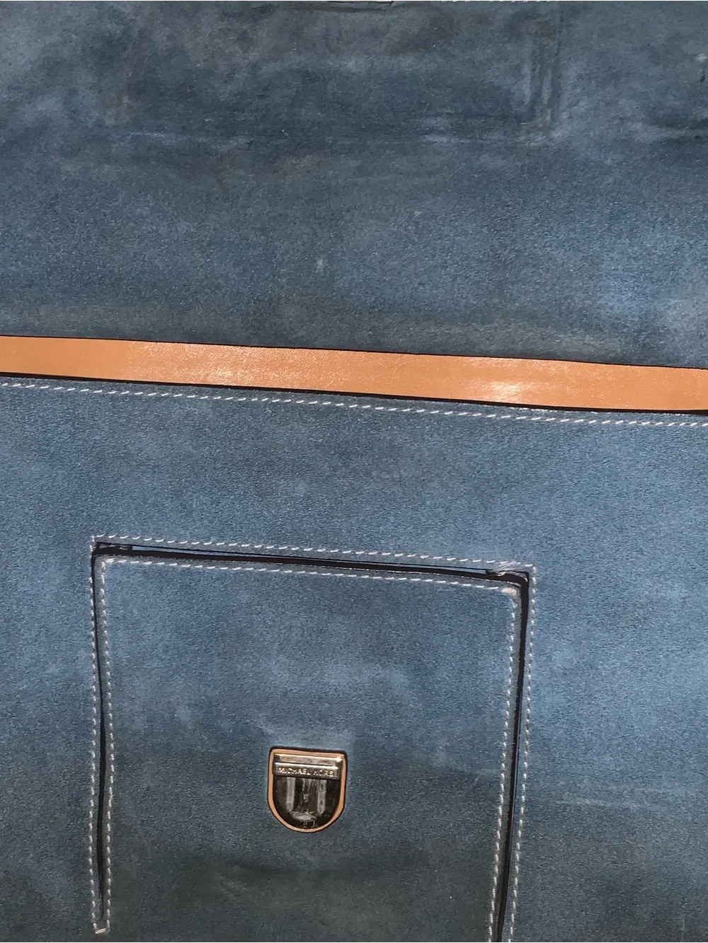 Michael Kors Blue Suede Crossbody Satchel with Tan Leather Trim